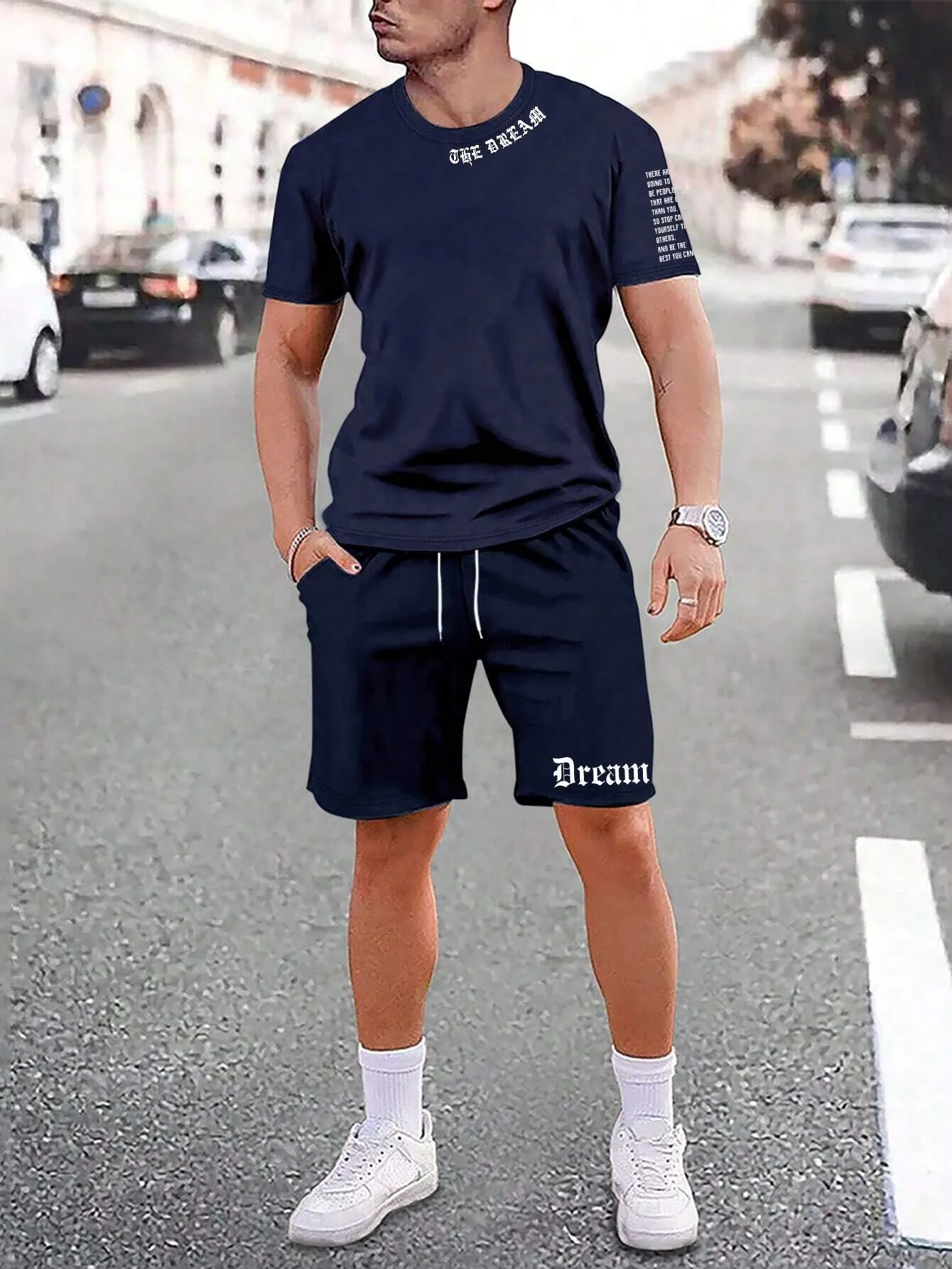 Men's blue sports style short-sleeved top and matching shorts two-piece casual suit set