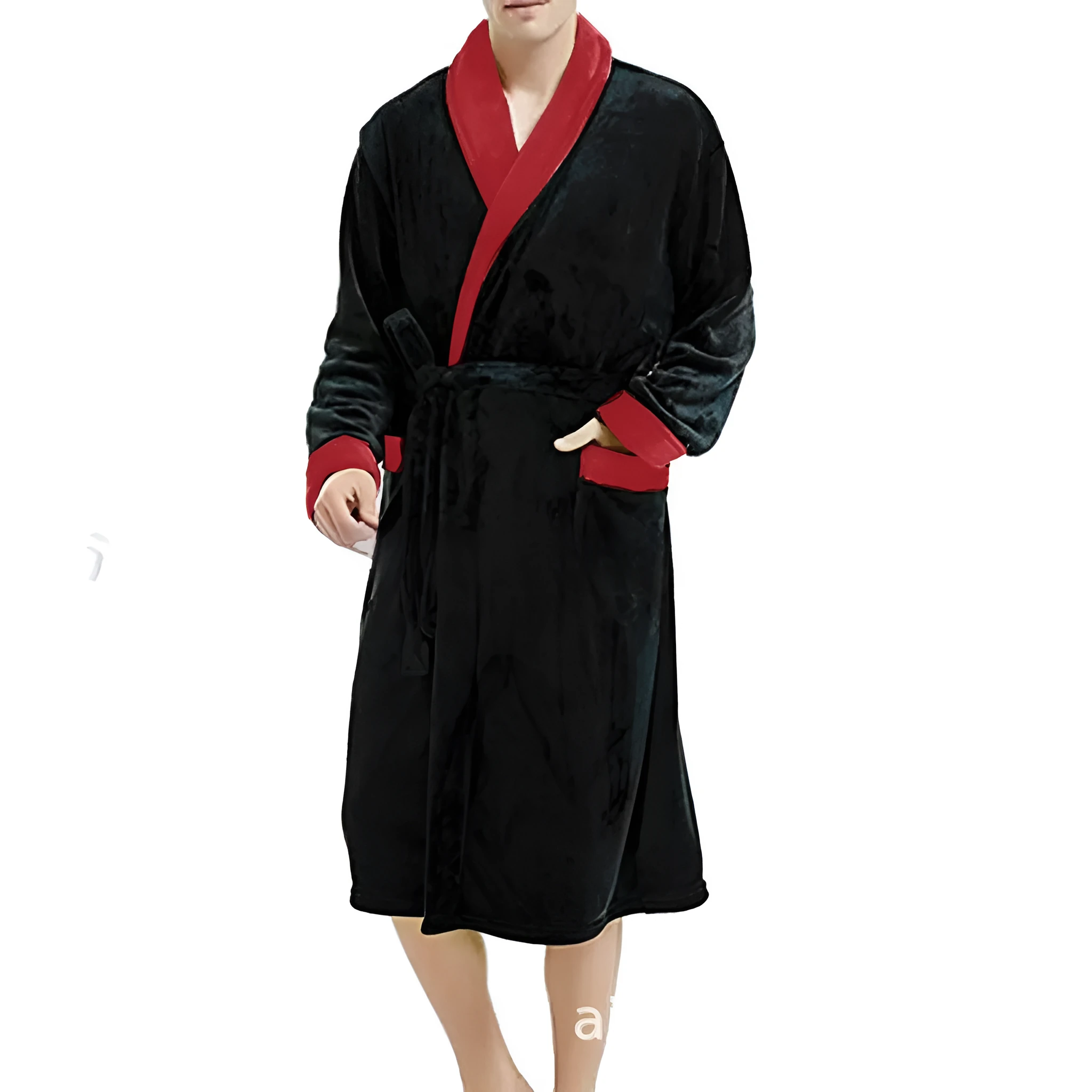 Men's cotton blend long sleeve nightgown in black with gray turn-down collar on a white background, available in sizes S to 5XL