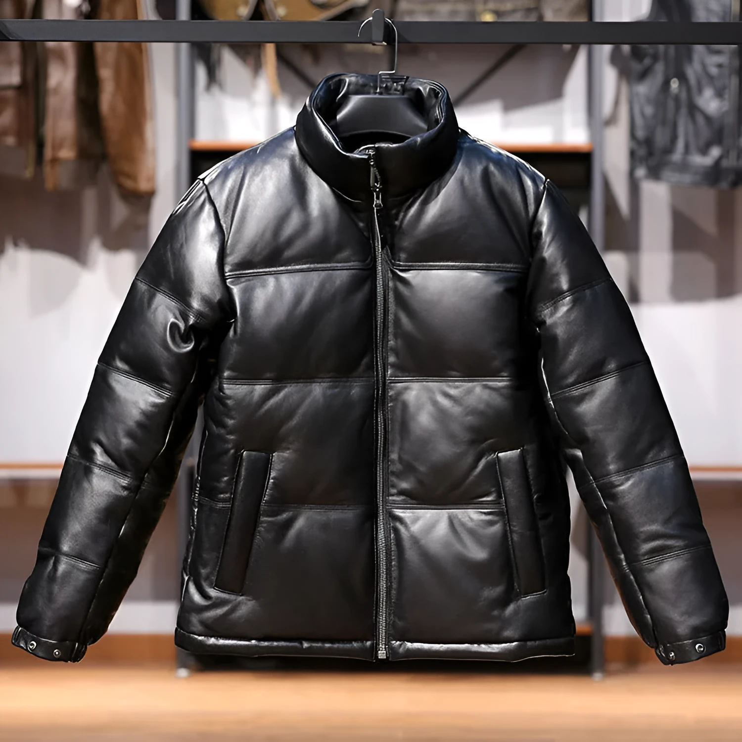Men's black sheepskin down leather jacket with stand collar and pocket decoration