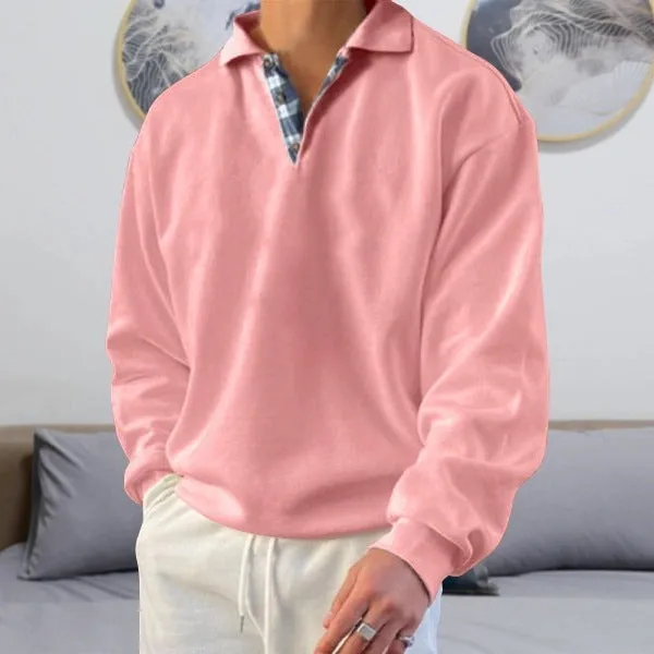 Men's long sleeve V-neck lapel hoodie in loose fit, ten colour options, polyester