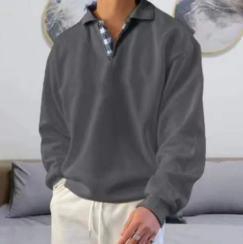Men's long sleeve V-neck lapel hoodie in loose fit, ten colour options, polyester