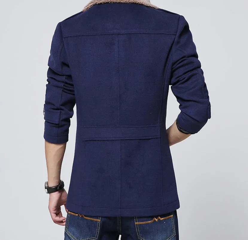 Men's slim-fit velvet woolen coat with stand-up collar, medium length, available in dark blue