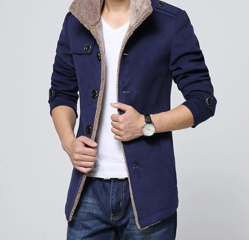 Men's slim-fit velvet woolen coat with stand-up collar, medium length, available in dark blue