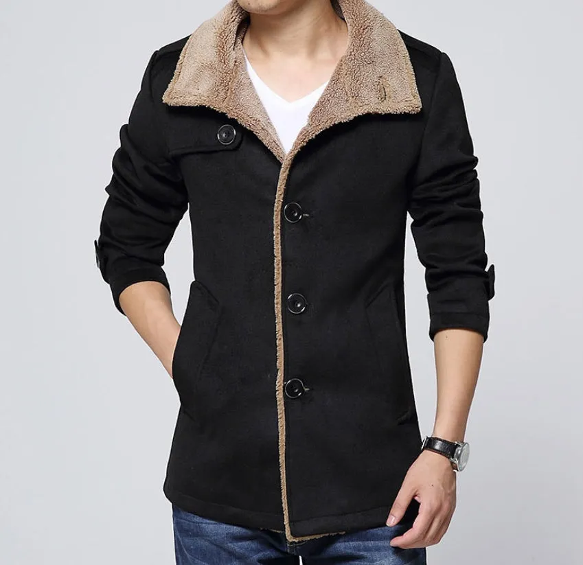 Men's slim-fit velvet woolen coat with stand-up collar, medium length, available in dark blue