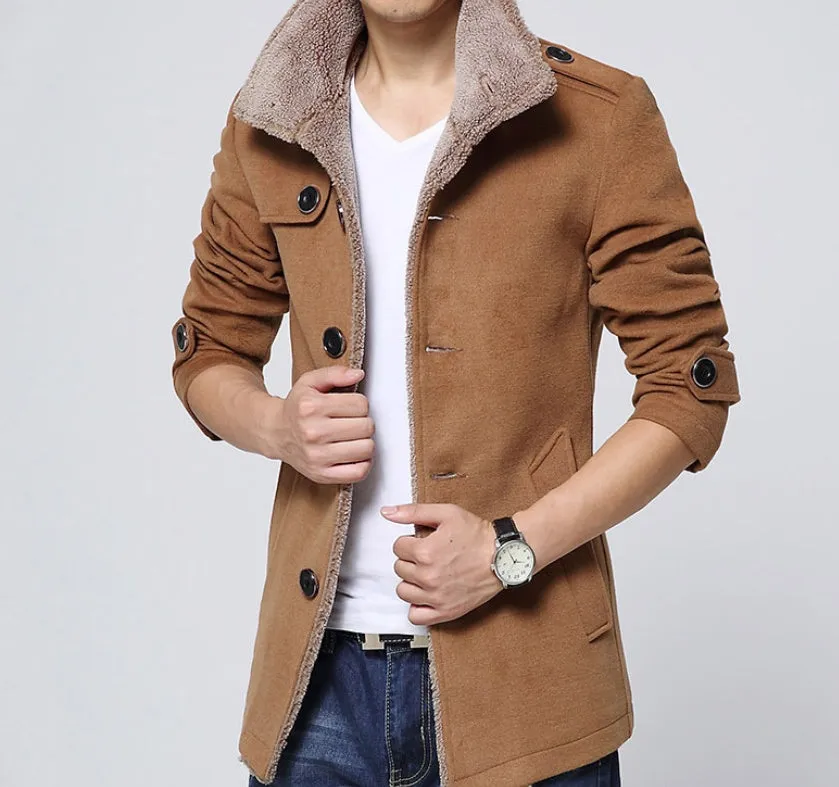Men's slim-fit velvet woolen coat with stand-up collar, medium length, available in dark blue