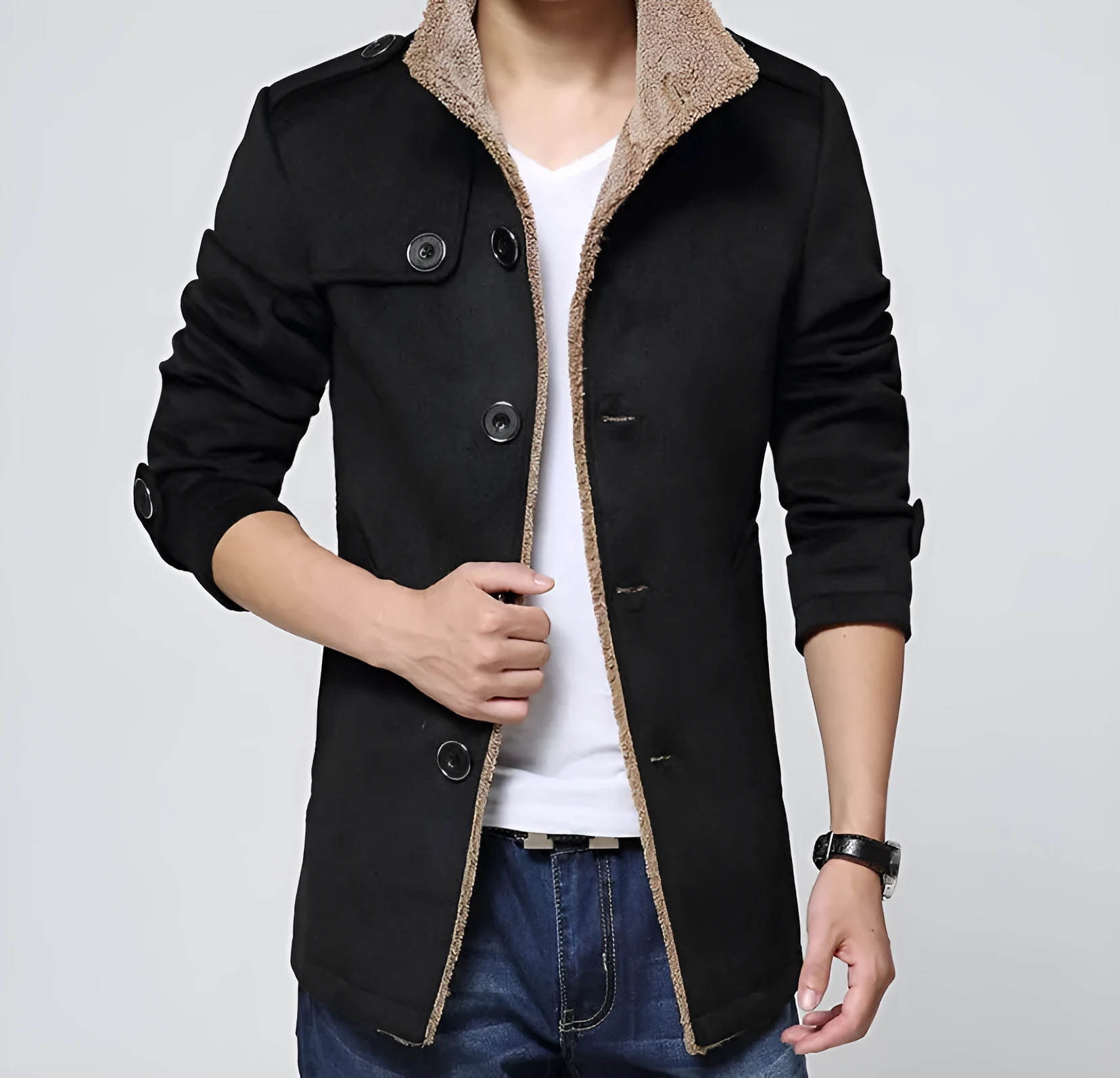 Men's slim-fit velvet woolen coat with stand-up collar, medium length, available in dark blue