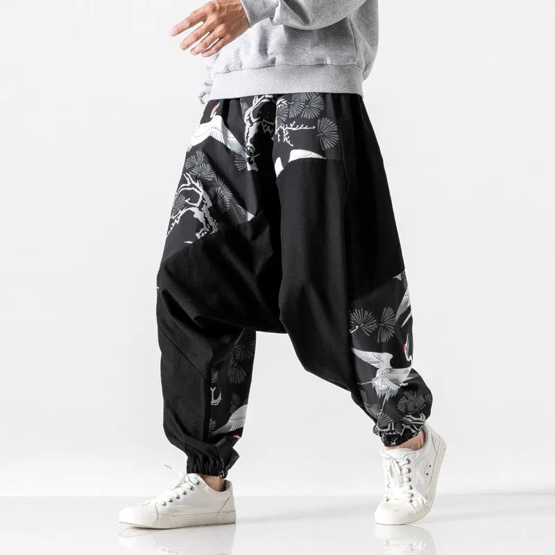 Chinese style crotch big crotch patchwork trousers in black cotton-linen blend, side view
