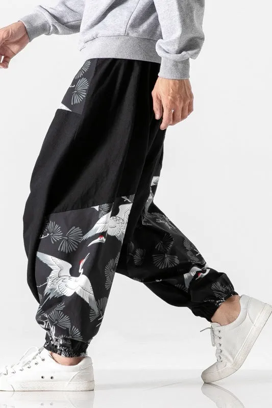 Chinese style crotch big crotch patchwork trousers in black cotton-linen blend, side view