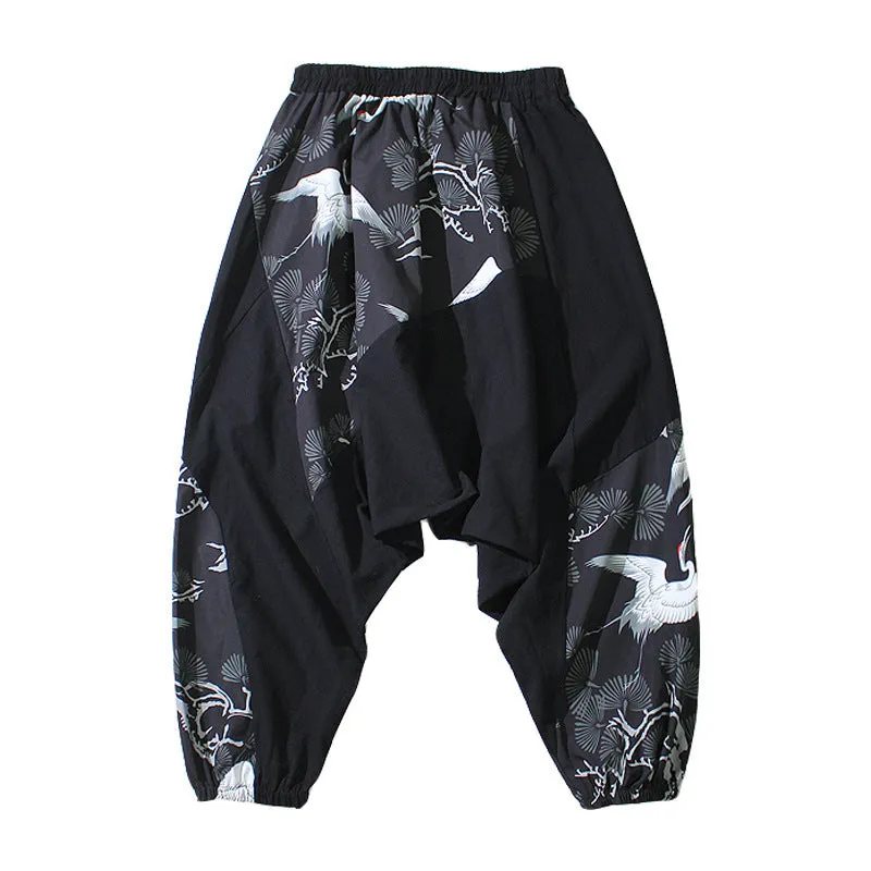 Chinese style crotch big crotch patchwork trousers in black cotton-linen blend, side view