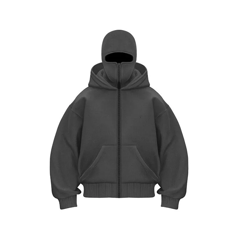 Fleece-lined double hood unique design hooded sweater in grey, loose fit, 3D pattern, polyester, street hipster style