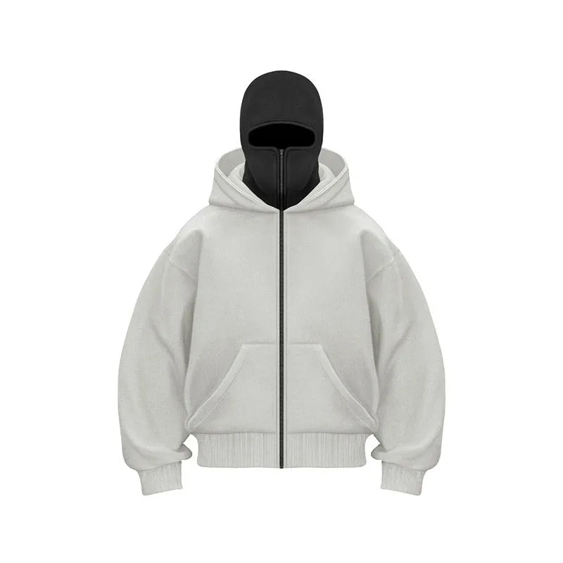 Fleece-lined double hood unique design hooded sweater in grey, loose fit, 3D pattern, polyester, street hipster style