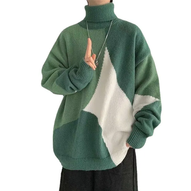 Men's contrasting colour high-neck pullover sweater in thickened polyester knit, black colour option