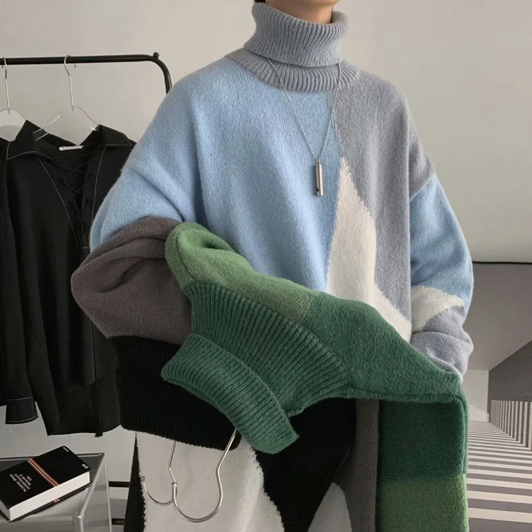 Men's contrasting colour high-neck pullover sweater in thickened polyester knit, black colour option