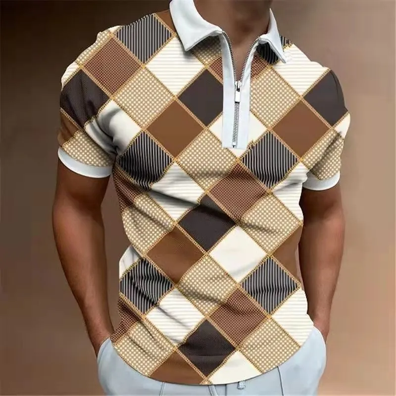 POLO lapel casual short khaki striped t-shirt for men fitted short sleeve polyester top
