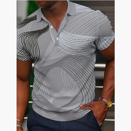 POLO lapel casual short khaki striped t-shirt for men fitted short sleeve polyester top