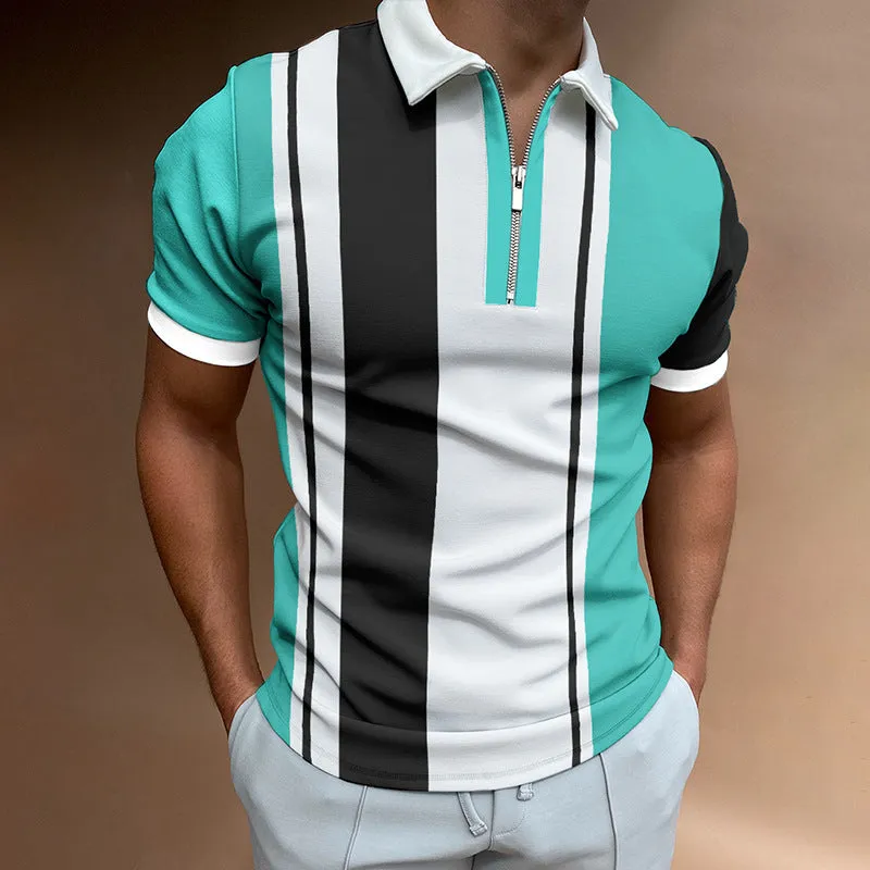 POLO lapel casual short khaki striped t-shirt for men fitted short sleeve polyester top