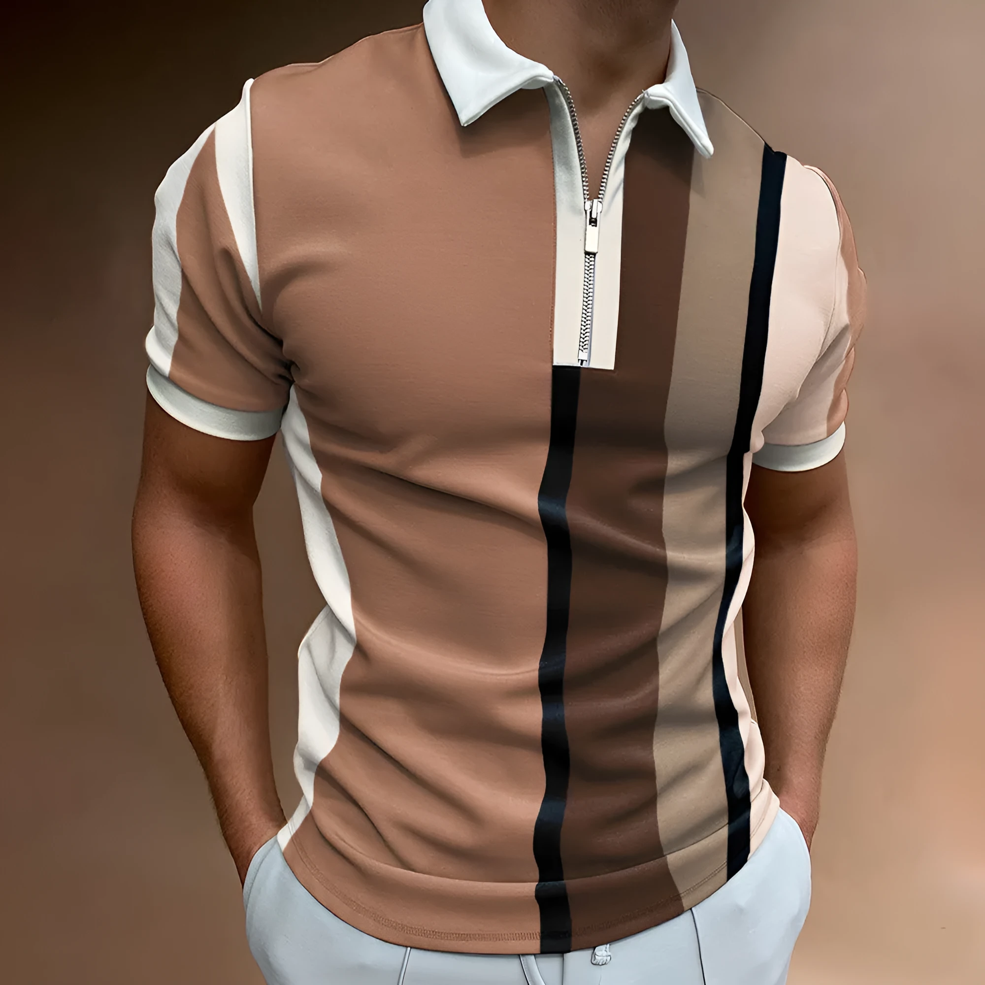 POLO lapel casual short khaki striped t-shirt for men fitted short sleeve polyester top
