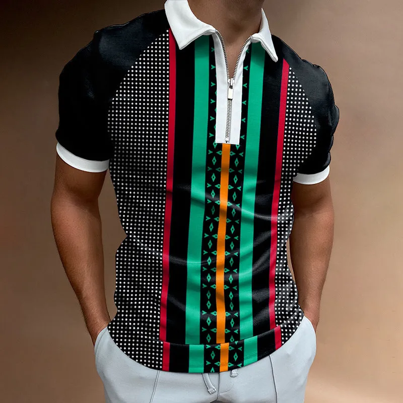POLO lapel casual short khaki striped t-shirt for men fitted short sleeve polyester top