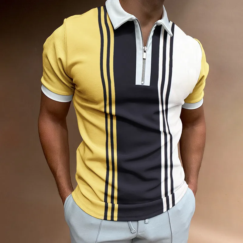 POLO lapel casual short khaki striped t-shirt for men fitted short sleeve polyester top