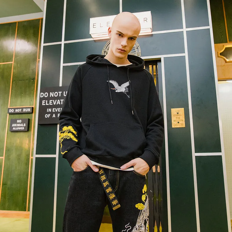 Fairy embroidered men's black cotton hooded sweatshirt loose fit Chinese style