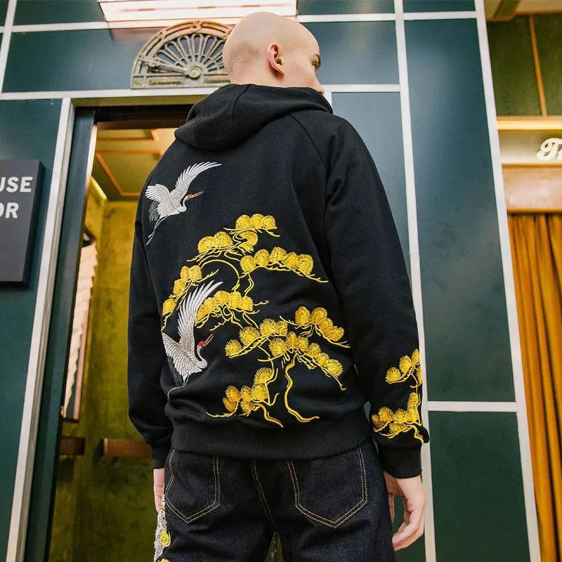 Fairy embroidered men's black cotton hooded sweatshirt loose fit Chinese style