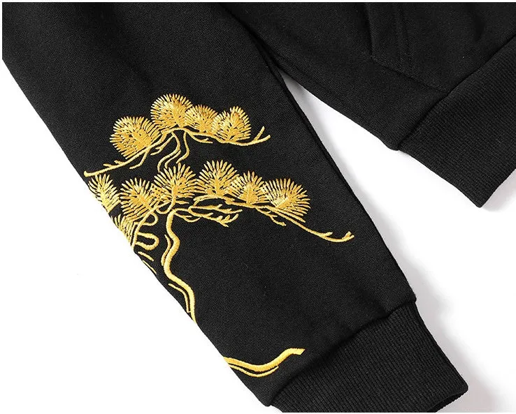 Fairy embroidered men's black cotton hooded sweatshirt loose fit Chinese style