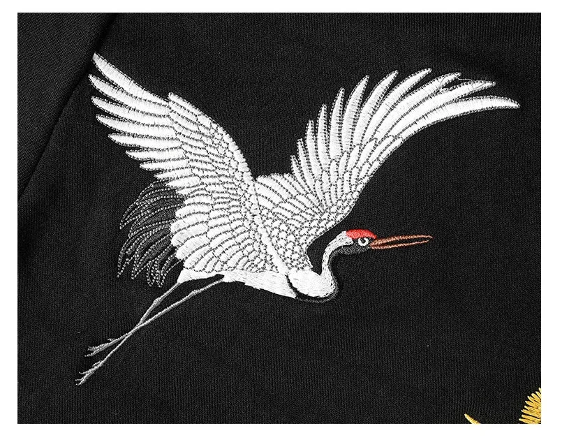 Fairy embroidered men's black cotton hooded sweatshirt loose fit Chinese style