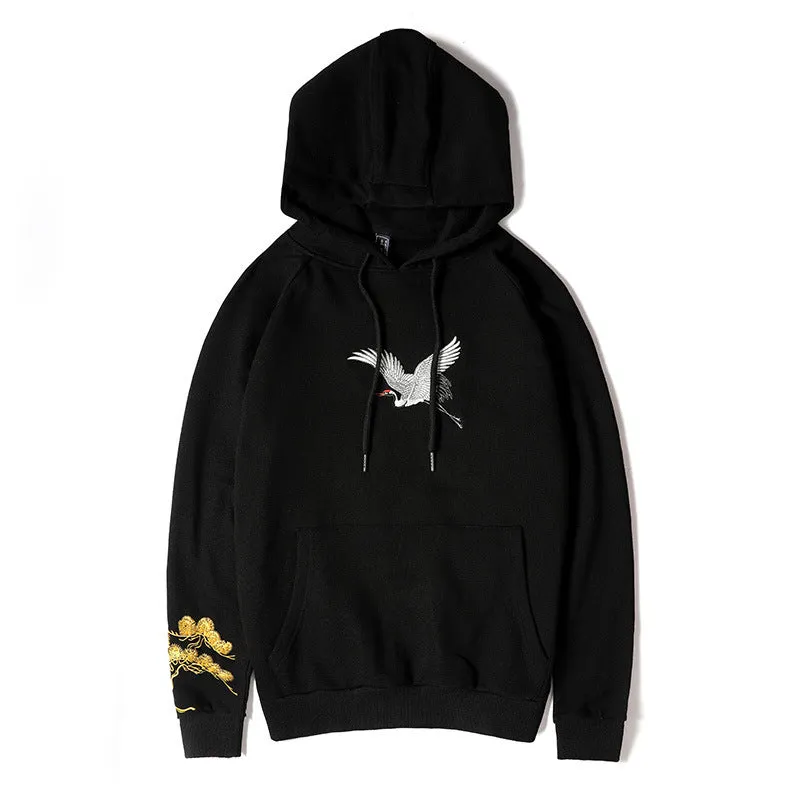 Fairy embroidered men's black cotton hooded sweatshirt loose fit Chinese style