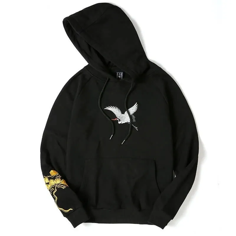 Fairy embroidered men's black cotton hooded sweatshirt loose fit Chinese style