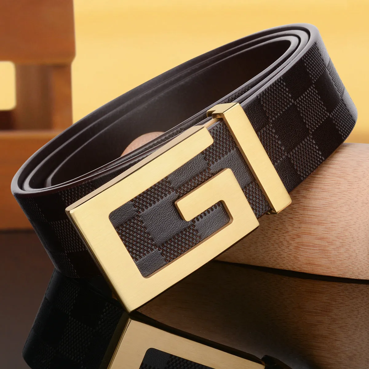 Men's two-layer cow leather belt with copper smooth buckle in black, width 2-4cm, length 105cm to 130cm