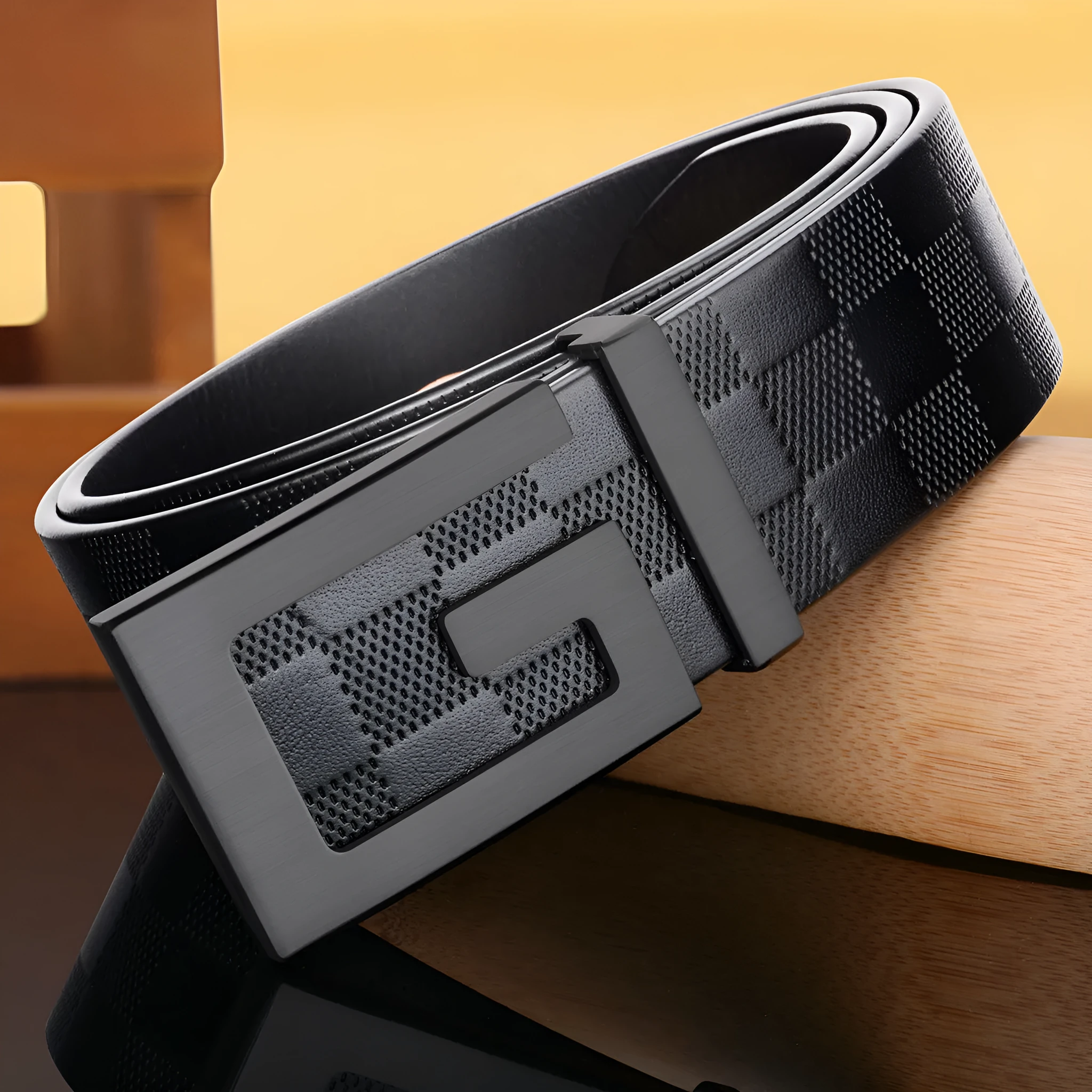 Men's two-layer cow leather belt with copper smooth buckle in black, width 2-4cm, length 105cm to 130cm