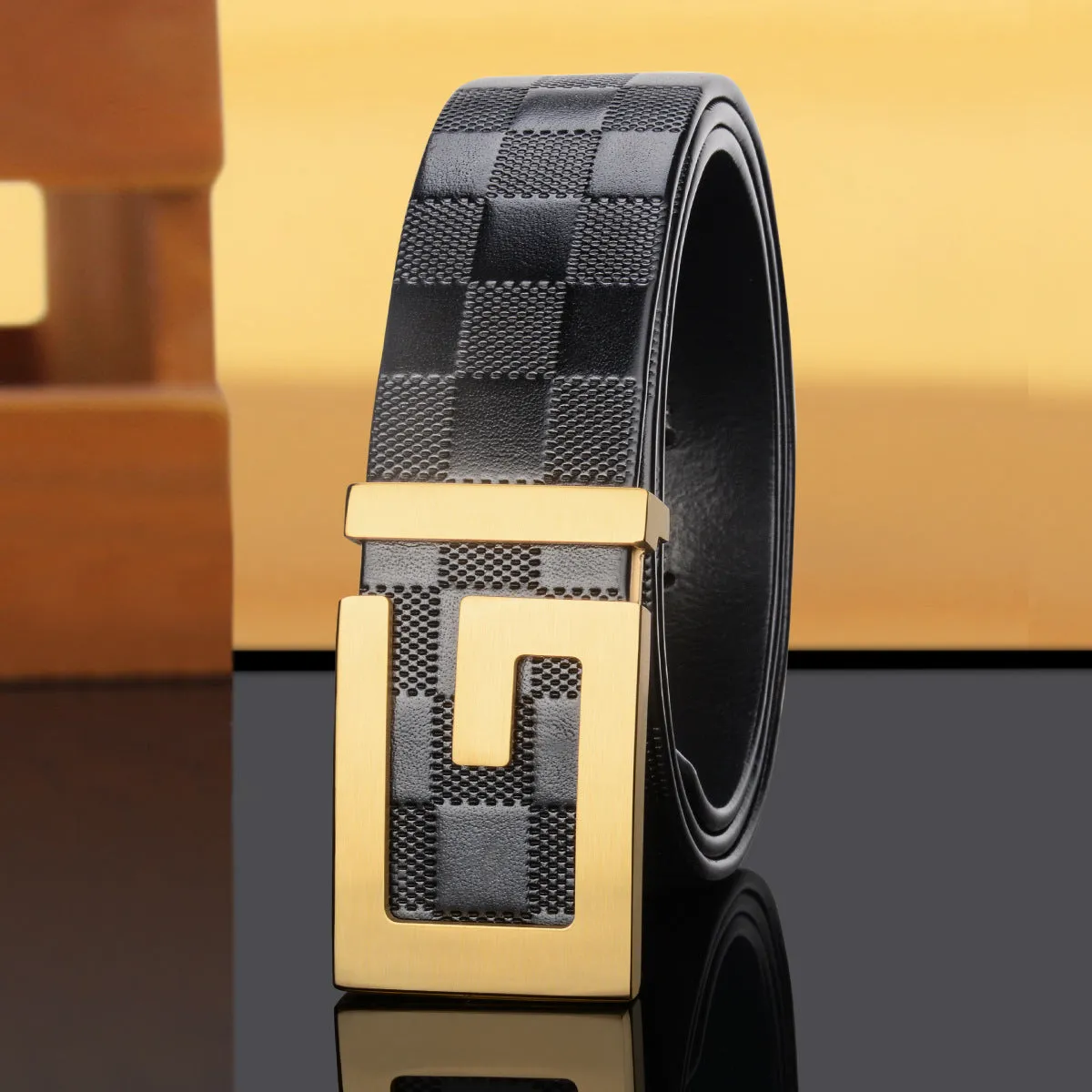 Men's two-layer cow leather belt with copper smooth buckle in black, width 2-4cm, length 105cm to 130cm