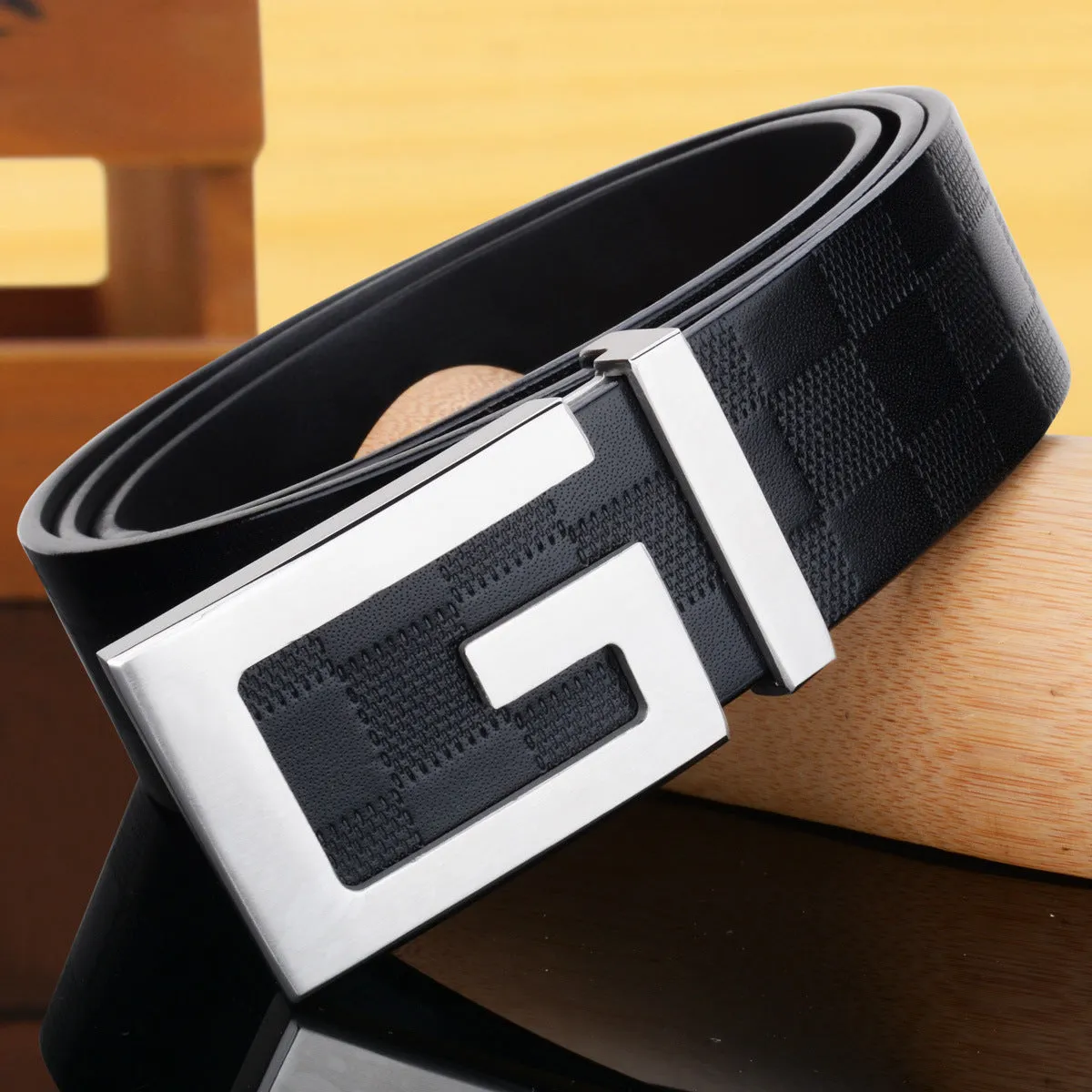 Men's two-layer cow leather belt with copper smooth buckle in black, width 2-4cm, length 105cm to 130cm