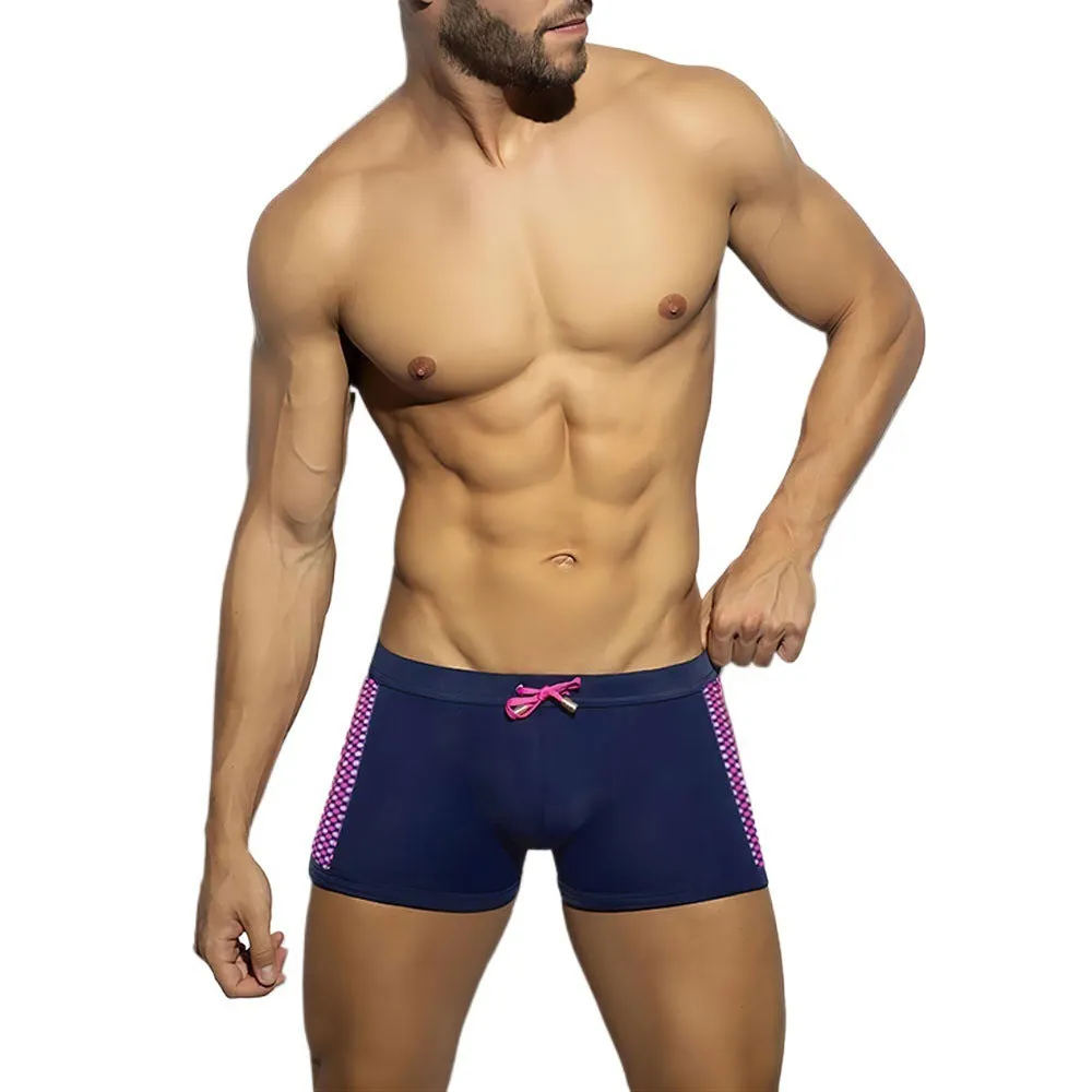 Men's polka dot print quick-dry swimming boxers in black, dark blue, or yellow with ribbon cup detail