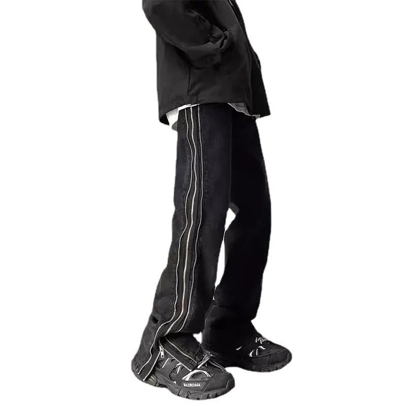 American zippered denim straight trousers for men, black, loose fit, hip hop style