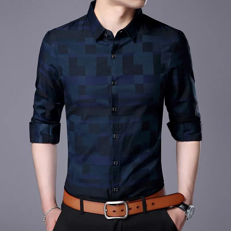 Men's cotton blend business casual shirt in blue, long sleeves, button-down front.