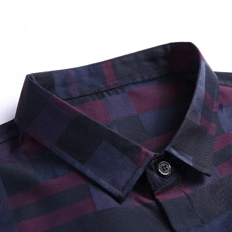 Men's cotton blend business casual shirt in blue, long sleeves, button-down front.