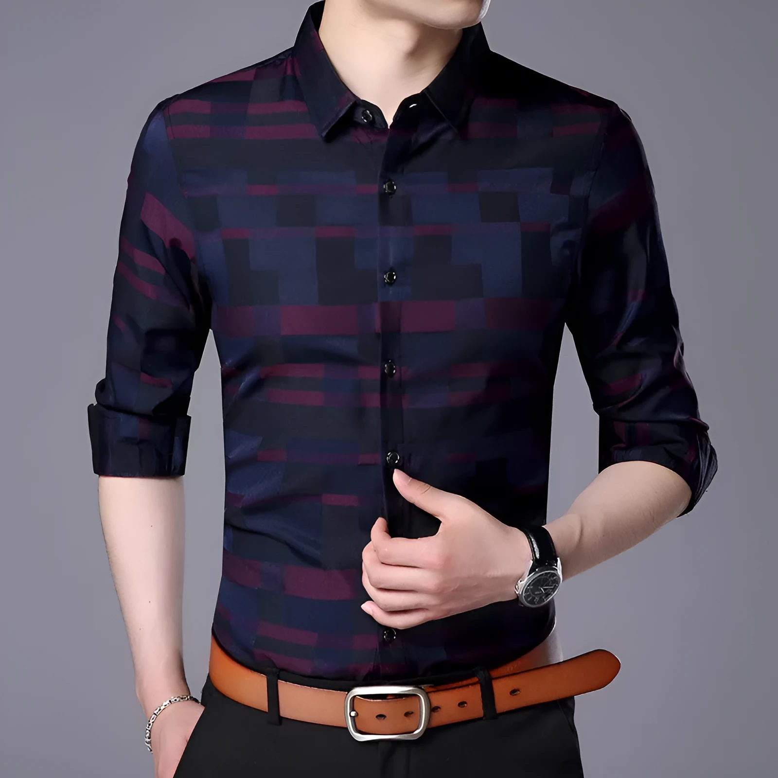 Men's cotton blend business casual shirt in blue, long sleeves, button-down front.
