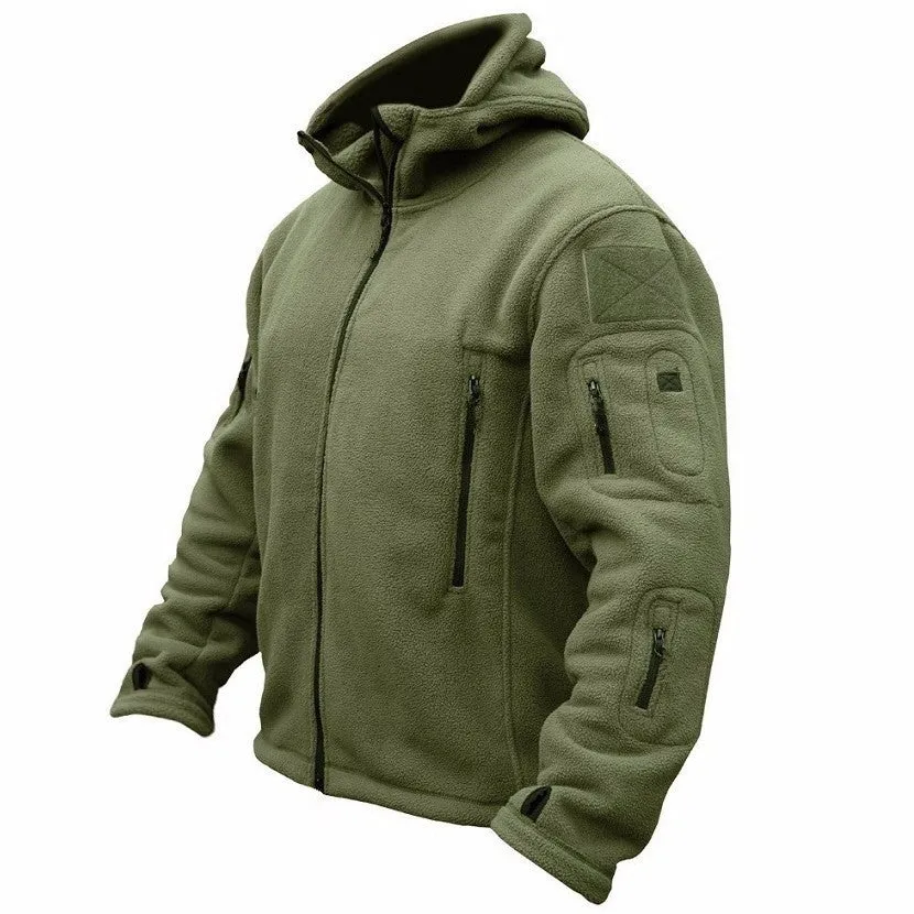 Men's cotton fleece jacket in khaki with full zipper and zip pockets, round hem, Korean style