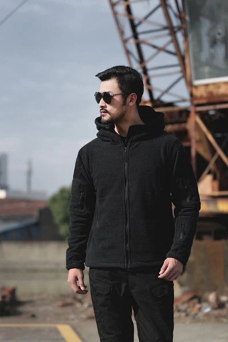 Men's cotton fleece jacket in khaki with full zipper and zip pockets, round hem, Korean style