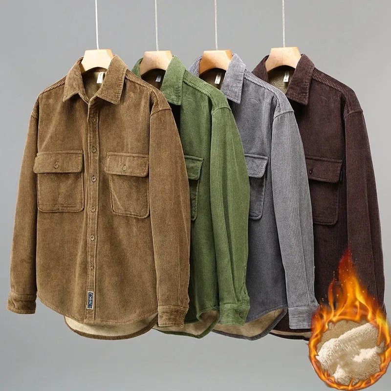 Men's fleece lined padded corduroy casual coat shirt in solid colour, Japanese retro style, loose fit, long sleeves