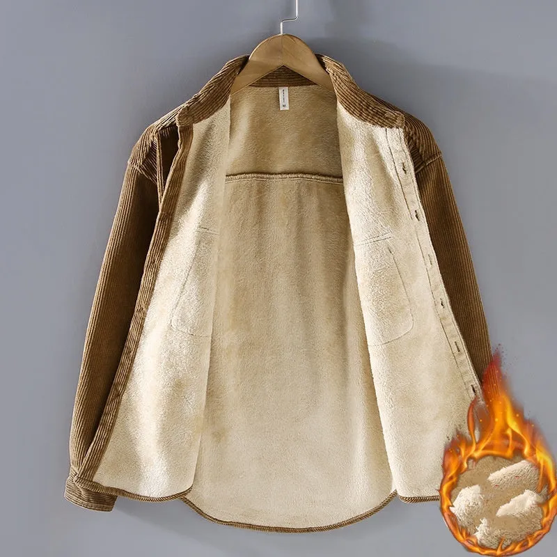 Men's fleece lined padded corduroy casual coat shirt in solid colour, Japanese retro style, loose fit, long sleeves