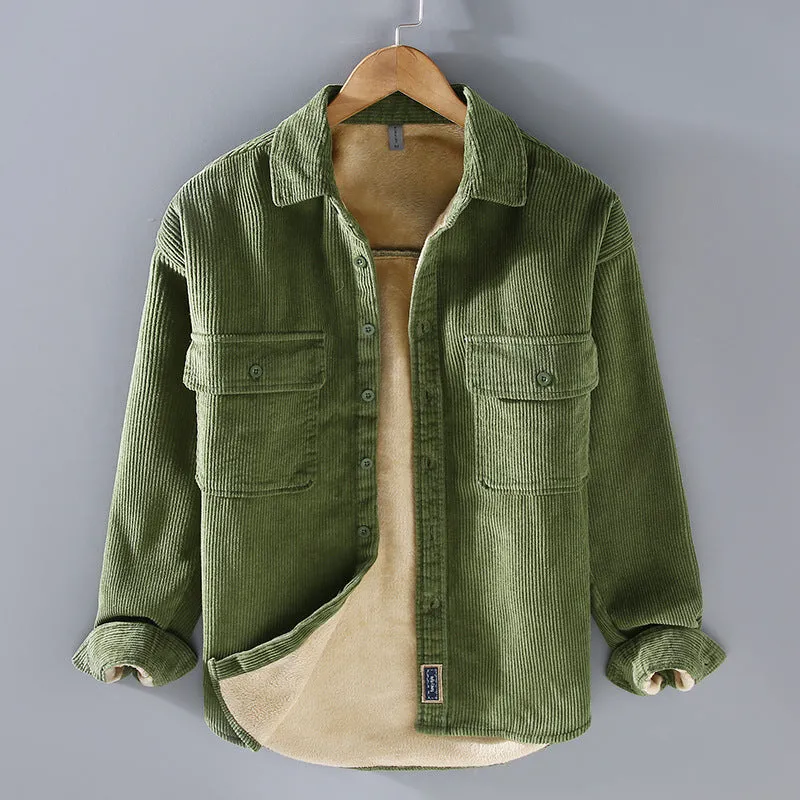 Men's fleece lined padded corduroy casual coat shirt in solid colour, Japanese retro style, loose fit, long sleeves