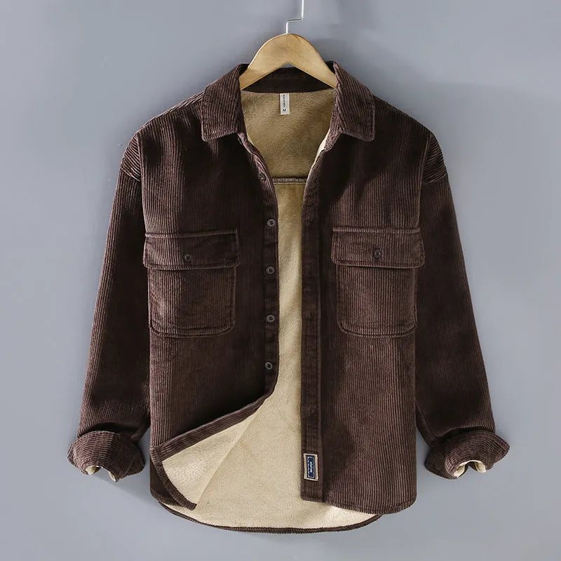 Men's fleece lined padded corduroy casual coat shirt in solid colour, Japanese retro style, loose fit, long sleeves