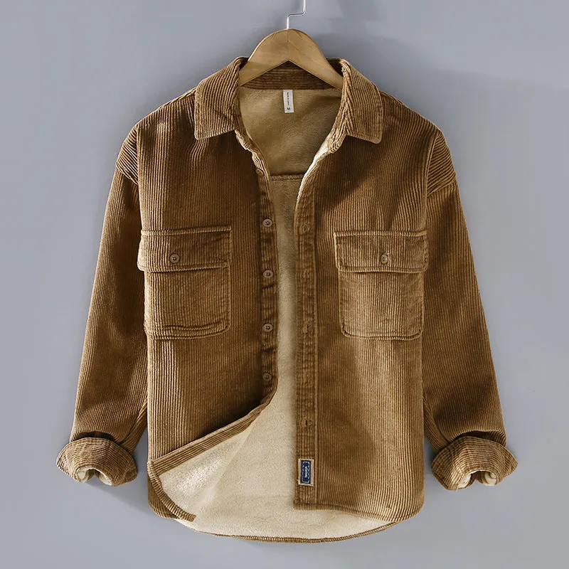 Men's fleece lined padded corduroy casual coat shirt in solid colour, Japanese retro style, loose fit, long sleeves