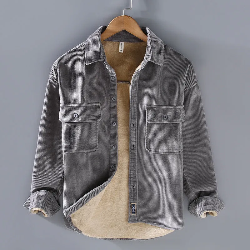 Men's fleece lined padded corduroy casual coat shirt in solid colour, Japanese retro style, loose fit, long sleeves
