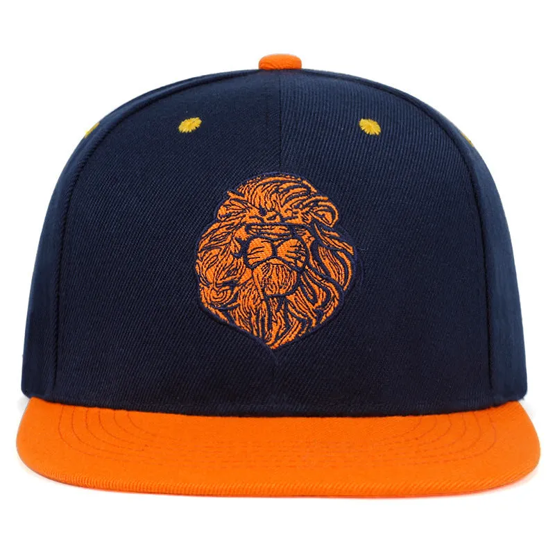 Cotton baseball cap with lion face embroidery in black, front view, adjustable back strap