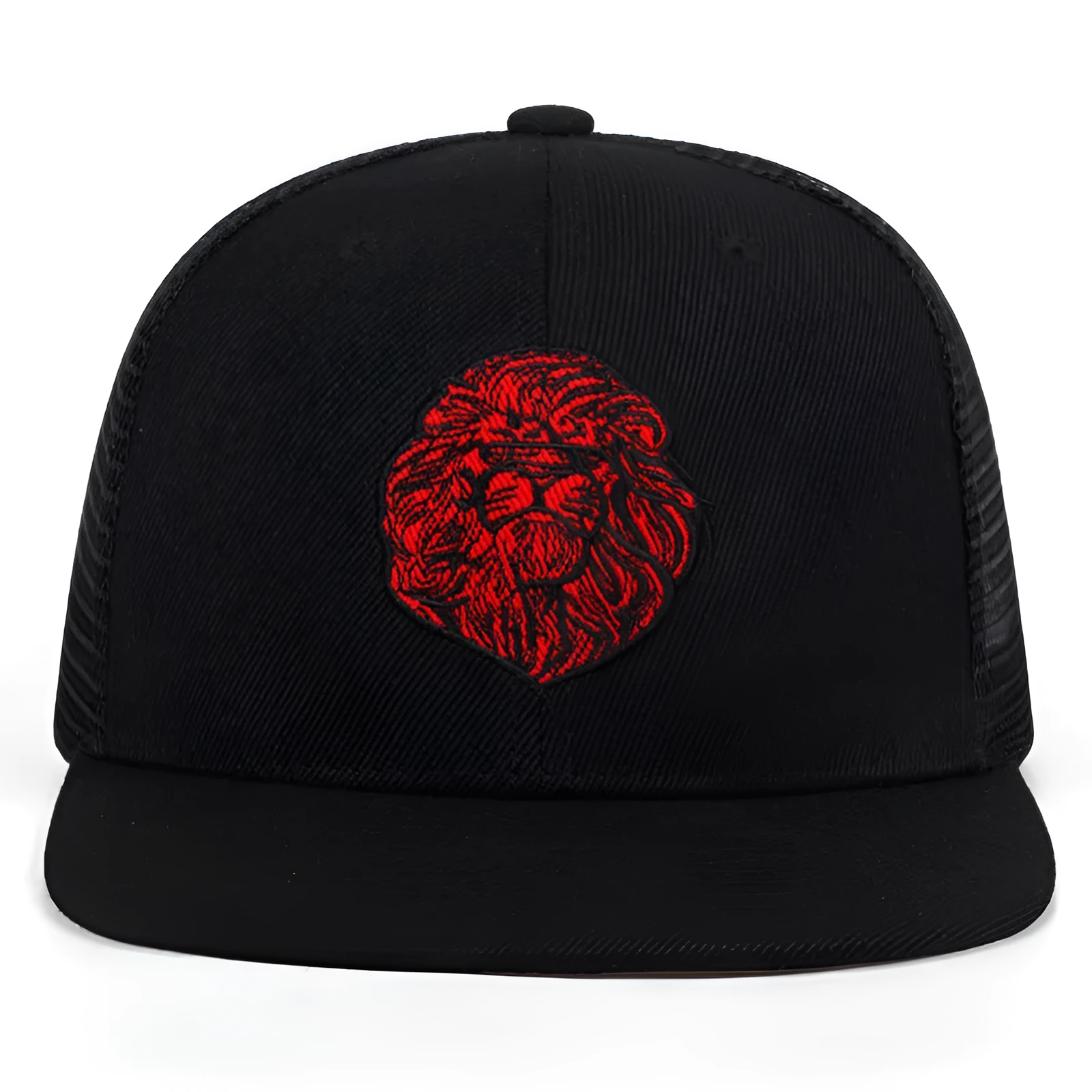 Cotton baseball cap with lion face embroidery in black, front view, adjustable back strap