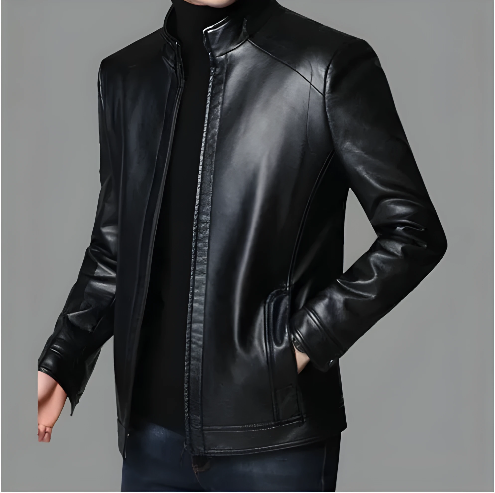 Men's loose fit artificial leather jacket with stand-up collar and epaulettes in black