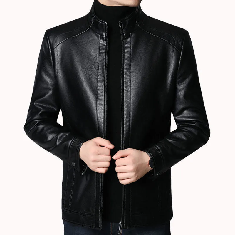 Men's loose fit artificial leather jacket with stand-up collar and epaulettes in black